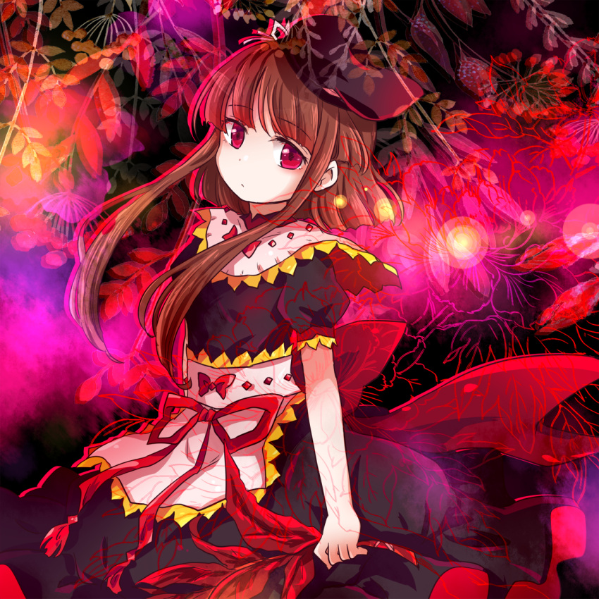 1girl apron black_hat brown_hair commentary_request dress eyebrows_visible_through_hair hat highres looking_at_viewer nishida_satono plant pote_(ptkan) puffy_short_sleeves puffy_sleeves red_eyes short_hair_with_long_locks short_sleeves solo touhou waist_apron