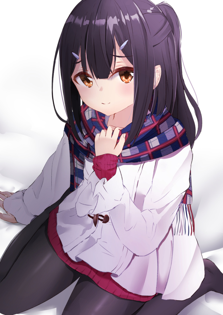 1girl bangs black_legwear blue_scarf brown_eyes brown_hair closed_mouth collarbone commentary_request duffel_coat eyebrows_visible_through_hair fate/kaleid_liner_prisma_illya fate_(series) fingernails fringe_trim hair_ornament hairclip highres hikashou long_hair long_sleeves looking_at_viewer miyu_edelfelt no_shoes pantyhose plaid plaid_scarf ponytail red_sweater scarf sitting sleeves_past_wrists smile solo sweater wariza white_coat