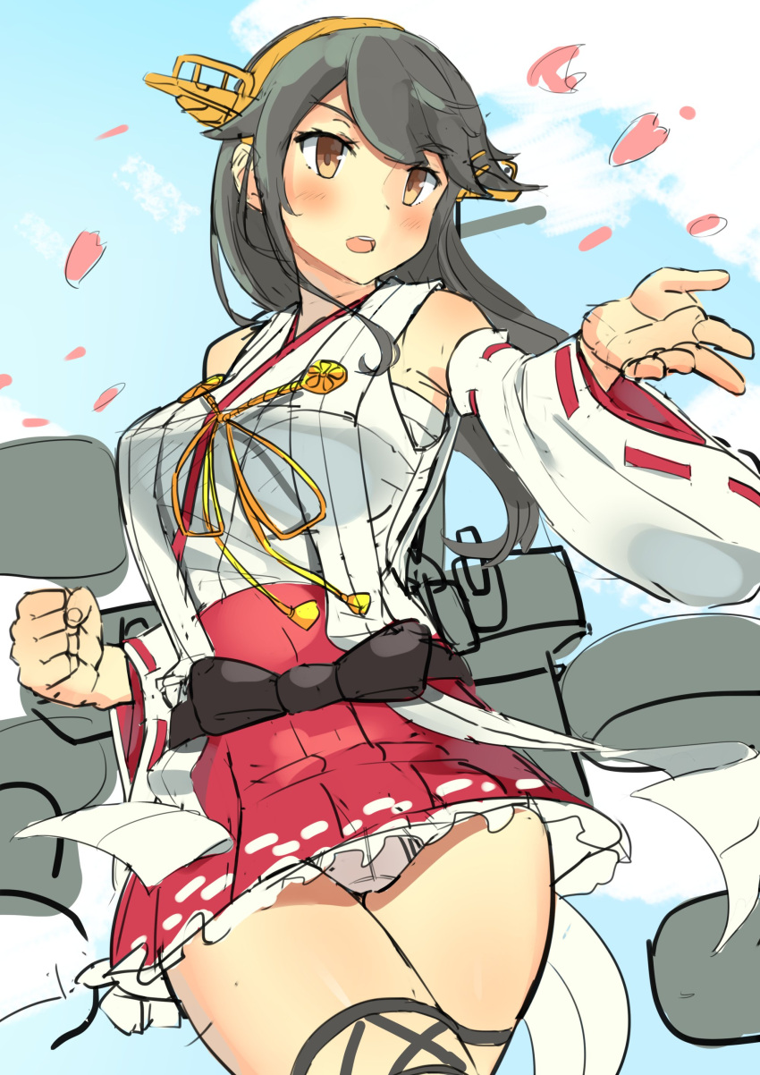 1girl absurdres bare_shoulders black_hair blue_sky boots brown_eyes cherry_blossoms clouds commentary_request cowboy_shot day detached_sleeves hair_ornament hairband hairclip haruna_(kantai_collection) headgear highres kantai_collection long_hair machinery outdoors panties pantyshot petals pleated_skirt red_skirt remodel_(kantai_collection) ribbon-trimmed_sleeves ribbon_trim skirt sky solo soushou_nin striped striped_panties thigh-highs thigh_boots underwear white_panties wide_sleeves work_in_progress