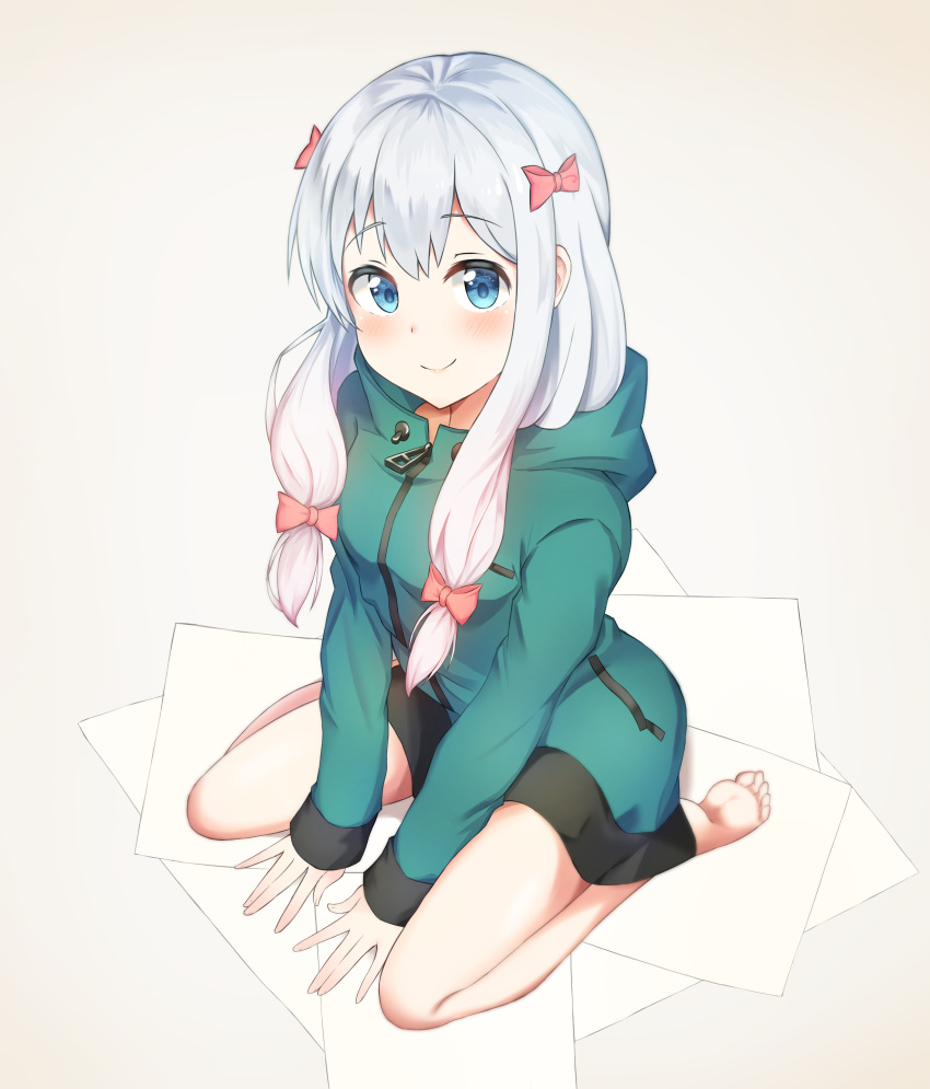 1girl absurdres angdo_(kakajo26) aqua_jacket bangs bare_legs barefoot between_legs blue_eyes blush bow brown_background closed_mouth commentary_request eromanga_sensei from_above hair_bow highres hood hood_down hooded_jacket izumi_sagiri jacket long_hair long_sleeves looking_at_viewer paper pink_bow sanpaku sidelocks silver_hair sitting sleeves_past_wrists smile solo thighs wariza