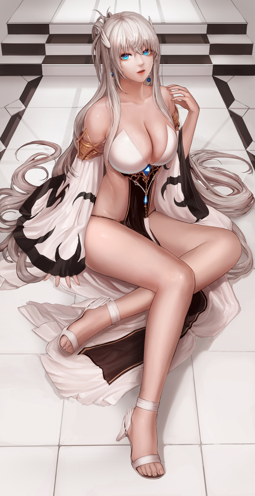 1girl absurdres bangs bare_legs bare_shoulders black_panties blue_eyes breasts cleavage collarbone commentary_request detached_sleeves dungeon_and_fighter earrings female_gunner_(dungeon_and_fighter) full_body hair_ornament hand_up high_heels highres jewelry korean_commentary large_breasts lips long_hair long_sleeves looking_at_viewer monaim panties parted_lips revealing_clothes revision shoes silver_hair sitting sleeves_past_wrists solo stairs stomach thighs tile_floor tiles underwear very_long_hair white_footwear wide_sleeves
