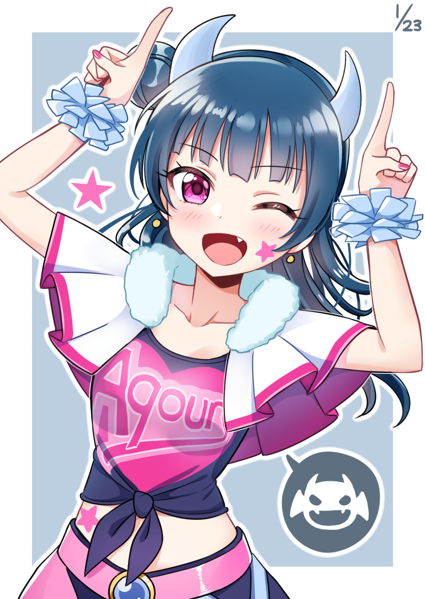 1girl ;d bangs black_shirt blush capelet clothes_writing dated deadnooodles demon_horns earrings facial_mark fang fur-trimmed_capelet fur_trim group_name heart heart_print highres horns horns_pose index_finger_raised jewelry love_live! love_live!_sunshine!! midriff miracle_wave nail_polish one_eye_closed open_mouth pink_nails print_shirt shirt side_bun smile solo star stomach_tattoo t-shirt tattoo tied_shirt tsushima_yoshiko upper_body wristband