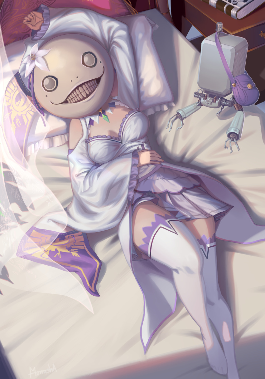 1girl arm_up artist_name bag bed breasts commentary curtains emil_(nier) emilia_(re:zero) english_commentary flower frilled_sleeves frills from_above grin highres long_sleeves lying medium_breasts monusha nier_(series) nier_automata on_back pleated_skirt pod_(nier_automata) re:zero_kara_hajimeru_isekai_seikatsu see-through skirt smile sunlight thigh-highs white_legwear white_pillow white_skirt window