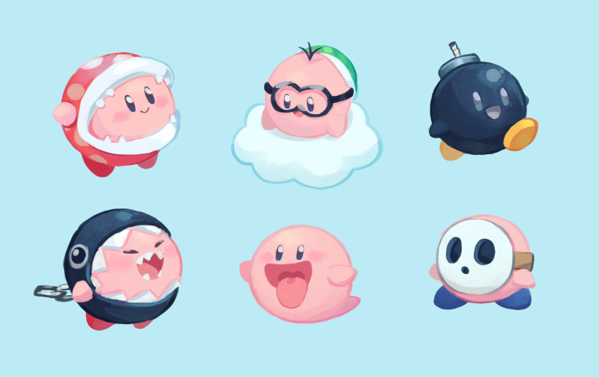 blue_background bob-omb boo chain_chomp chains closed_eyes clouds copy_ability fuse goggles hal_laboratory_inc. highres hoshi_no_kirby kirby kirby_(series) lakitu super_mario_bros. mario_party mask nintendo open_mouth piranha_plant saino sharp_teeth shy_guy simple_background smile sora_(company) super_smash_bros. super_smash_bros._ultimate teeth tongue tongue_out