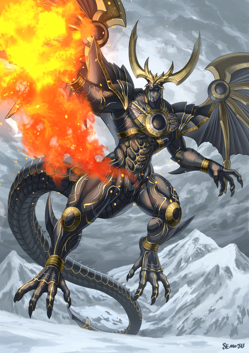 1boy arm_blade claws dragon dragon_horns dragon_tail fire glowing highres horn horns kamen_rider kamen_rider_kuuga kamen_rider_kuuga_(series) kamen_rider_kuuga_(ultimate_form) large_wings looking_at_viewer male_focus no_humans no_pupils open_mouth red_eyes scales sennsu shoulder_armor solo tail weapon western_dragon wings