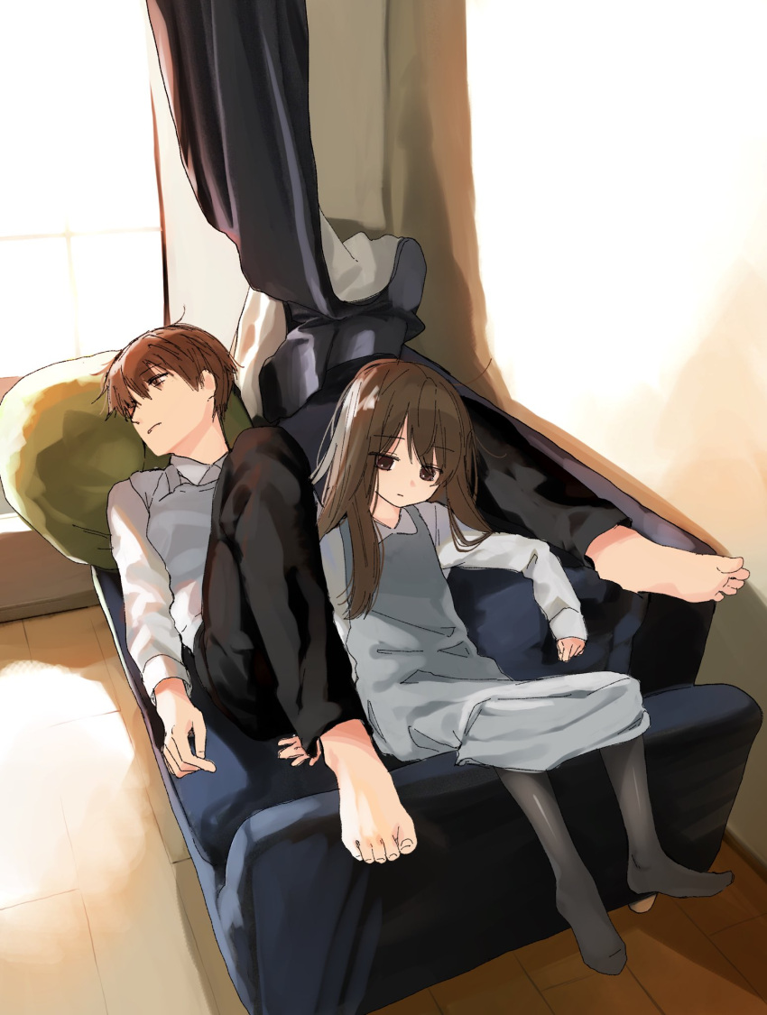 1boy 1girl barefoot black_legwear black_pants brother_and_sister brown_eyes brown_hair commentary_request couch curtains dress grey_dress highres honryou_wa_naru leaning_back long_hair lying on_back original pants pantyhose pillow shirt short_hair siblings sitting soles toes white_shirt window