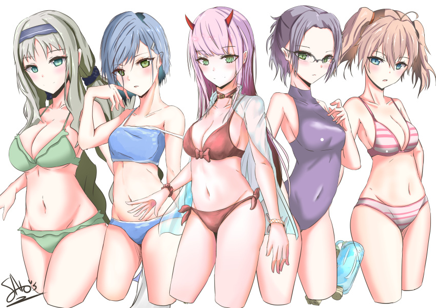 5girls absurdres bikini bikini_skirt blue_eyes blush breasts choker covered_navel cropped_legs darling_in_the_franxx glasses green_eyes green_hair groin highres horns ichigo_(darling_in_the_franxx) ichikawayan ikuno_(darling_in_the_franxx) kokoro_(darling_in_the_franxx) large_breasts long_hair medium_breasts miku_(darling_in_the_franxx) multiple_girls navel off_shoulder over-rim_eyewear purple_hair rating semi-rimless_eyewear short_twintails side-tie_bikini small_breasts smile strap_gap striped striped_bikini swimsuit thighs twintails under_boob white_background zero_two_(darling_in_the_franxx)