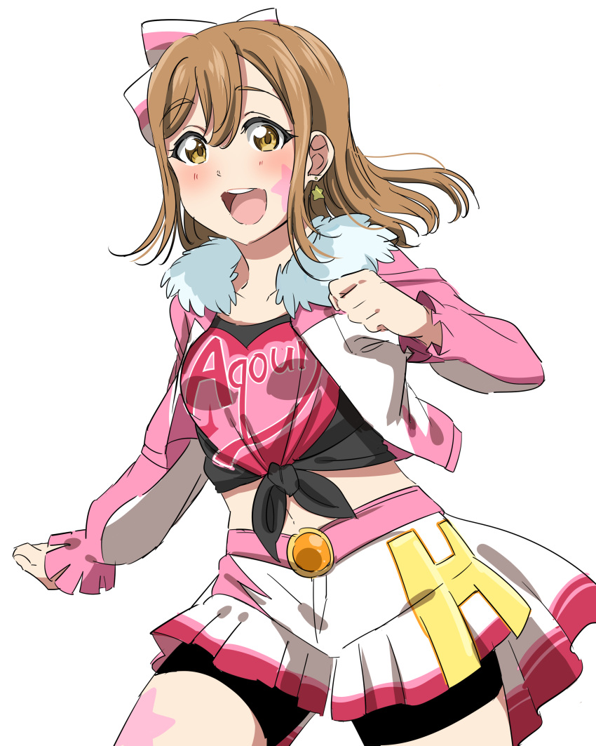 1girl :d absurdres bangs bike_shorts black_shirt black_shorts bow brown_hair clenched_hands clothes_writing earrings facial_mark fur-trimmed_jacket fur_trim group_name hair_bow heart heart_print highres jacket jewelry kunikida_hanamaru long_hair long_sleeves looking_at_viewer love_live! love_live!_sunshine!! midriff miniskirt miracle_wave navel open_mouth pink_jacket print_shirt shirt shorts shorts_under_skirt simple_background skirt smile solo star star_earrings striped striped_bow thigh_tattoo tied_shirt vorupi white_background yellow_eyes