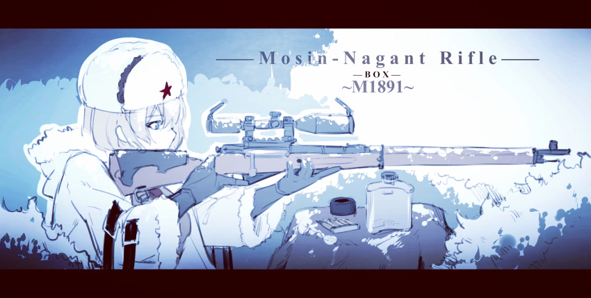 1girl aiming belt blonde_hair blue_eyes bolt_action bullet canteen character_name cheek_rest commentary commentary_request fur_hat fur_trim girls_frontline gloves gun hat highres mosin-nagant mosin-nagant_(girls_frontline) red_star rifle scope sketch snow solo trigger_discipline ushanka weapon xiangzi_box