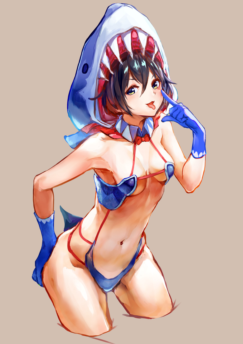 1girl absurdres animal_hood bare_shoulders blue_eyes blue_gloves blush bow bowtie breasts brown_background brown_hair collarbone cowboy_shot cropped_legs detached_collar gloves highres hood hood_up leaning_forward looking_at_viewer maeshimashi navel original red_neckwear shark_costume shark_hood sharp_teeth short_hair simple_background small_breasts solo teeth tongue tongue_out wing_collar