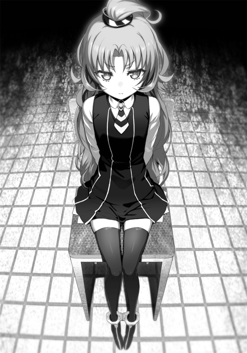 1girl arms_behind_back character_request dress full_body greyscale highres hundred long_hair monochrome necktie novel_illustration official_art one_side_up ookuma_(nitroplus) pinafore_dress pleated_dress shiny shiny_hair shirt short_dress short_necktie sitting sleeveless sleeveless_dress solo striped striped_neckwear thigh-highs tied_hair very_long_hair zettai_ryouiki