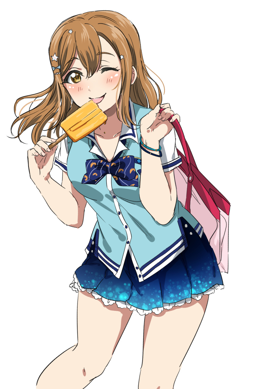 1girl ;p bag bangs blue_neckwear blue_skirt blue_vest bow bowtie bracelet brown_hair collarbone food hair_ornament hairclip highres holding holding_bag jewelry kunikida_hanamaru licking long_hair looking_at_viewer love_live! love_live!_sunshine!! one_eye_closed over_shoulder popsicle short_sleeves simple_background skirt smile solo star star_hair_ornament sweat tongue tongue_out vest vorupi white_background yellow_eyes