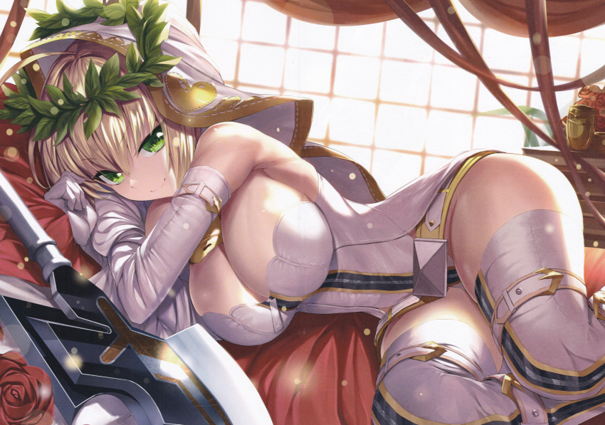 1girl absurdres aestus_estus bare_shoulders blonde_hair breasts cleavage elbow_gloves fate/extra fate/extra_ccc fate_(series) gloves heirou highres huge_filesize large_breasts looking_at_viewer lying nero_claudius_(bride)_(fate) nero_claudius_(fate)_(all) on_side raised_eyebrow scan shiny shiny_skin smile solo sword thigh-highs weapon white_gloves white_legwear white_sleeves