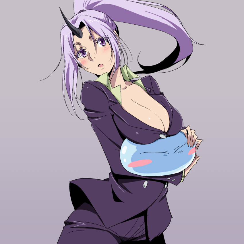 1girl :o blush blush_stickers breast_rest breasts cleavage closed_eyes highres horns large_breasts open_mouth ponytail rimuru_tempest shion_(tensei_shitara_slime_datta_ken) slime tensei_shitara_slime_datta_ken violet_eyes yazwo