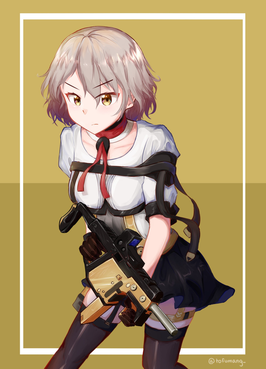 1girl absurdres bangs black_legwear black_skirt bob_cut closed_mouth eyebrows_visible_through_hair furrowed_eyebrows garter_straps girls_frontline gloves gun hair_between_eyes highres holding leaning_forward light_frown red_neckwear serious shirt short_hair silver_hair skirt solo submachine_gun thigh-highs tofumang tsurime vector_(girls_frontline) wavy_hair weapon white_shirt yellow_background yellow_eyes