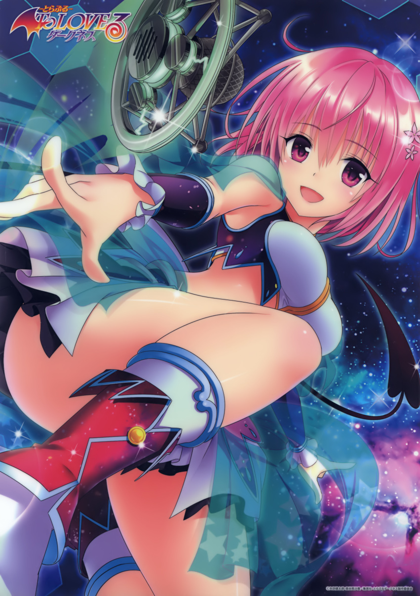 1girl :d absurdres boots breasts copyright_name crop_top detached_sleeves eyebrows_visible_through_hair frilled_sleeves frills from_below hair_between_eyes hair_ornament highres layered_skirt lens_flare looking_at_viewer medium_breasts microphone miniskirt momo_velia_deviluke one_knee open_mouth pink_eyes pink_hair pleated_skirt shiny shiny_hair short_hair skirt smile solo sparkle to_love-ru yabuki_kentarou