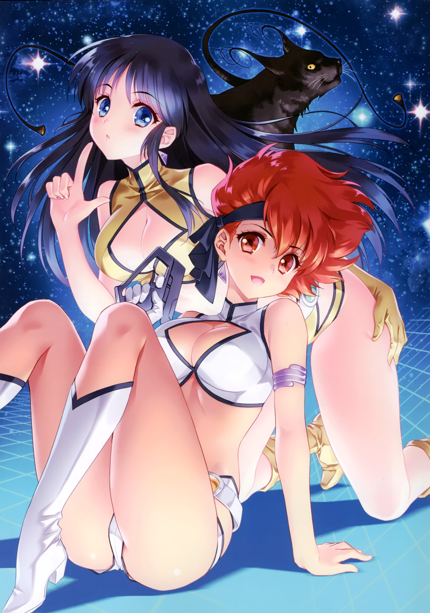 2girls absurdres animal arm_support armlet bangs blue_eyes blue_hair boots breasts carnelian cat cleavage cleavage_cutout dark_skin dirty_pair earrings eyebrows_visible_through_hair fingernails gloves headband highres holding holding_weapon jewelry kei_(dirty_pair) knee_boots long_hair looking_at_viewer medium_breasts midriff multiple_girls open_mouth red_eyes redhead scan shiny shiny_hair shiny_skin short_hair short_shorts shorts sidelocks single_glove sitting sky sleeveless smile star star_(sky) starry_background starry_sky thighs weapon white_footwear yuri_(dirty_pair)