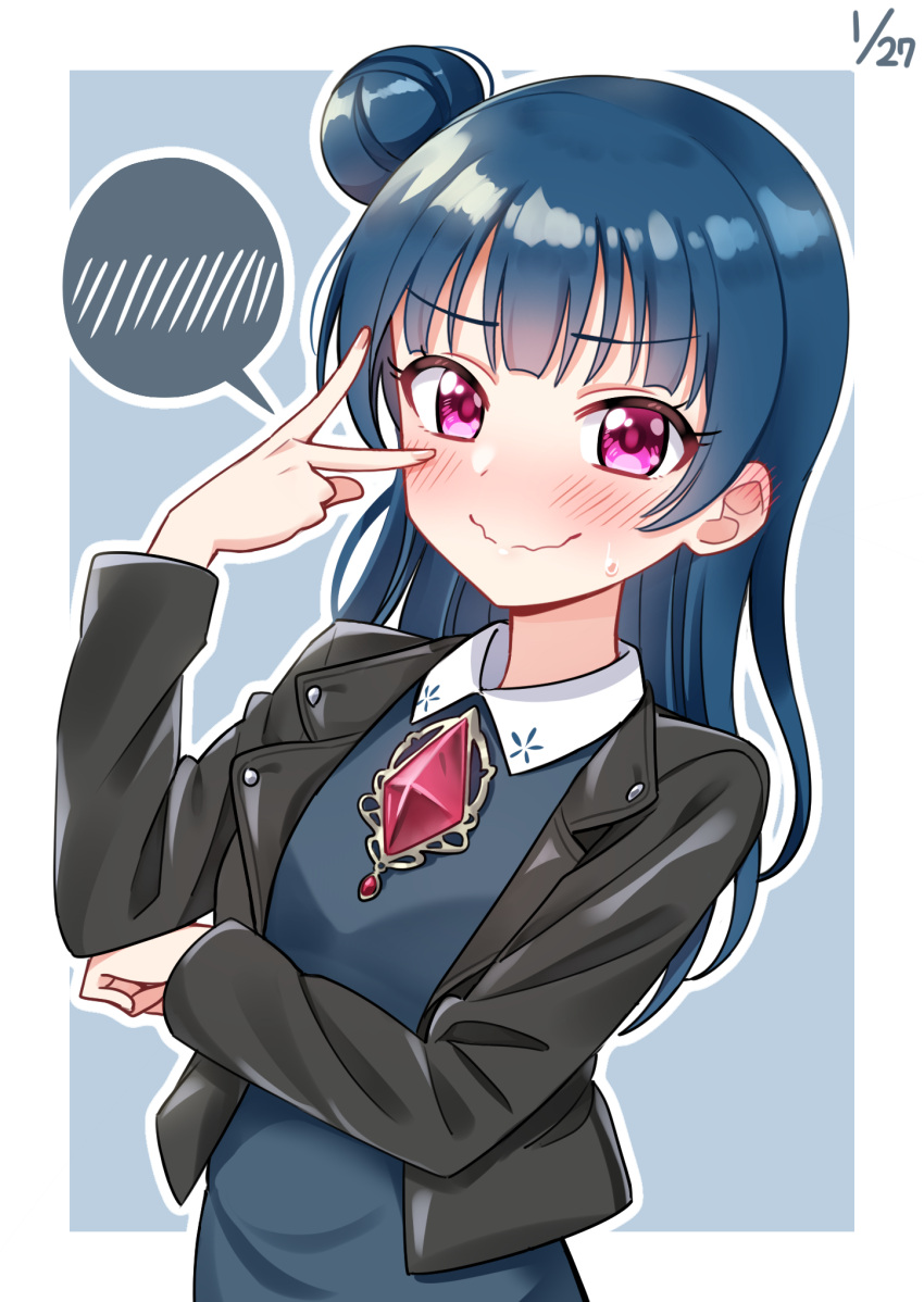 1girl bangs black_jacket blue_background blue_hair blue_shirt blush brooch clenched_hand collared_shirt dated deadnooodles embarrassed hand_on_own_elbow highres jacket jewelry long_hair long_sleeves love_live! love_live!_sunshine!! outline shirt side_bun simple_background solo spoken_blush sweatdrop tsushima_yoshiko upper_body v_over_eye violet_eyes wavy_mouth white_outline