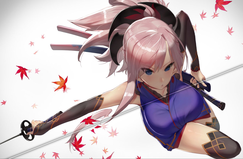 1girl autumn_leaves bangs black_legwear blue_eyes blush breasts commentary_request detached_sleeves eyebrows_visible_through_hair fate/grand_order fate_(series) gradient gradient_background grey_background hair_between_eyes holding holding_sword holding_weapon japanese_clothes katana kimono large_breasts miyamoto_musashi_(fate/grand_order) ponytail purple_kimono scabbard sheath short_hair short_kimono silver_hair slashing sleeveless sleeveless_kimono solo sukocchi sword thigh-highs thighs weapon zettai_ryouiki