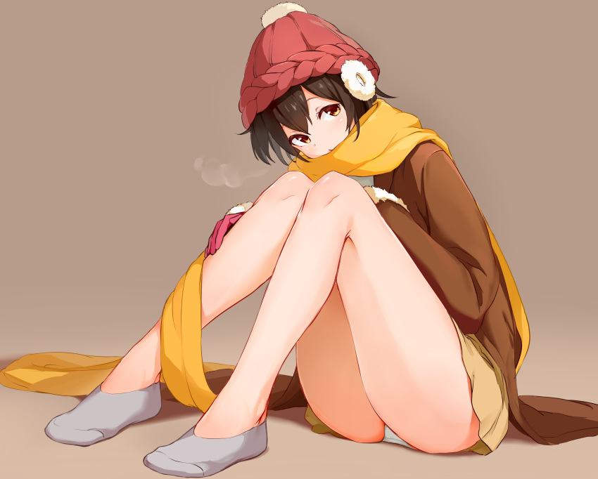 1girl absurdres ankle_socks ass bangs beanie blush brown_background brown_eyes brown_hair brown_jacket brown_skirt earmuffs eyebrows_visible_through_hair fur-trimmed_sleeves fur_trim gloves grey_legwear hat highres jacket long_sleeves maeshimashi no_shoes original panties parted_lips pink_gloves red_hat scarf shadow simple_background sitting skirt solo underwear white_panties yellow_scarf