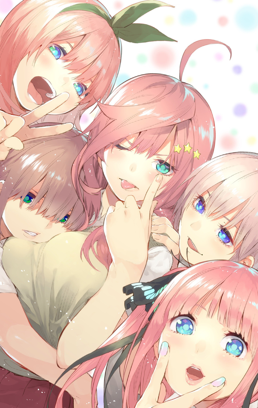 5girls :d absurdres bangs blue_eyes blush breasts closed_mouth finger_to_eye go-toubun_no_hanayome green_ribbon grin hair_between_eyes hair_ribbon haruba_negi headphones headphones_around_neck highres hug large_breasts long_hair long_sleeves looking_at_viewer multiple_girls nakano_ichika nakano_itsuki nakano_miku nakano_nino nakano_yotsuba official_art one_eye_closed open_mouth orange_hair pink_hair ribbon school_uniform shirt short_hair siblings sisters smile white_shirt