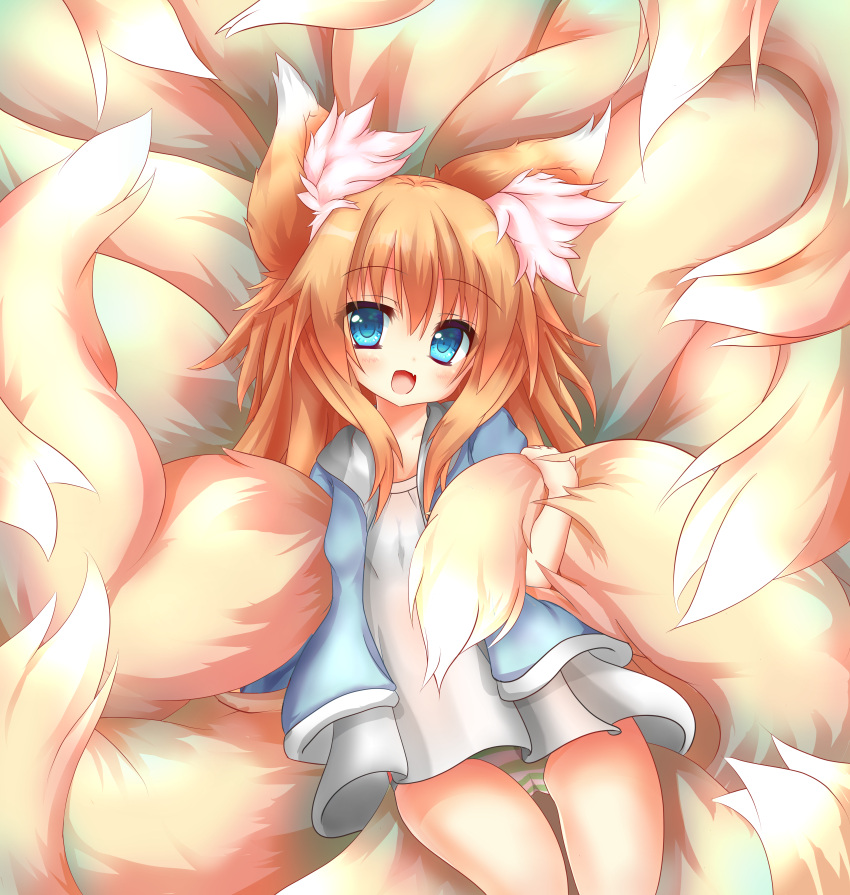 1girl absurdres animal_ear_fluff animal_ears blue_eyes blue_jacket brown_hair dress fox_ears fox_tail highres huge_filesize jacket long_hair macaroni710 multiple_tails open_mouth original panties short_dress smile solo striped striped_panties tail tail_hold thigh_gap underwear white_dress