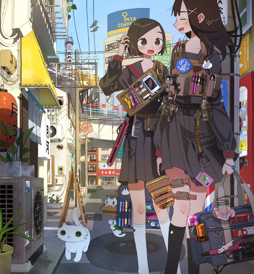 2girls absurdres bag black_legwear black_serafuku brown_eyes brown_hair building cable candy cat cellphone city comb food hair_ornament hairclip highres holster kneehighs long_hair multiple_girls original pen phone school_bag school_uniform scrunchie selfie_stick serafuku short_hair smartphone tao_(tao15102) telephone_pole white_legwear