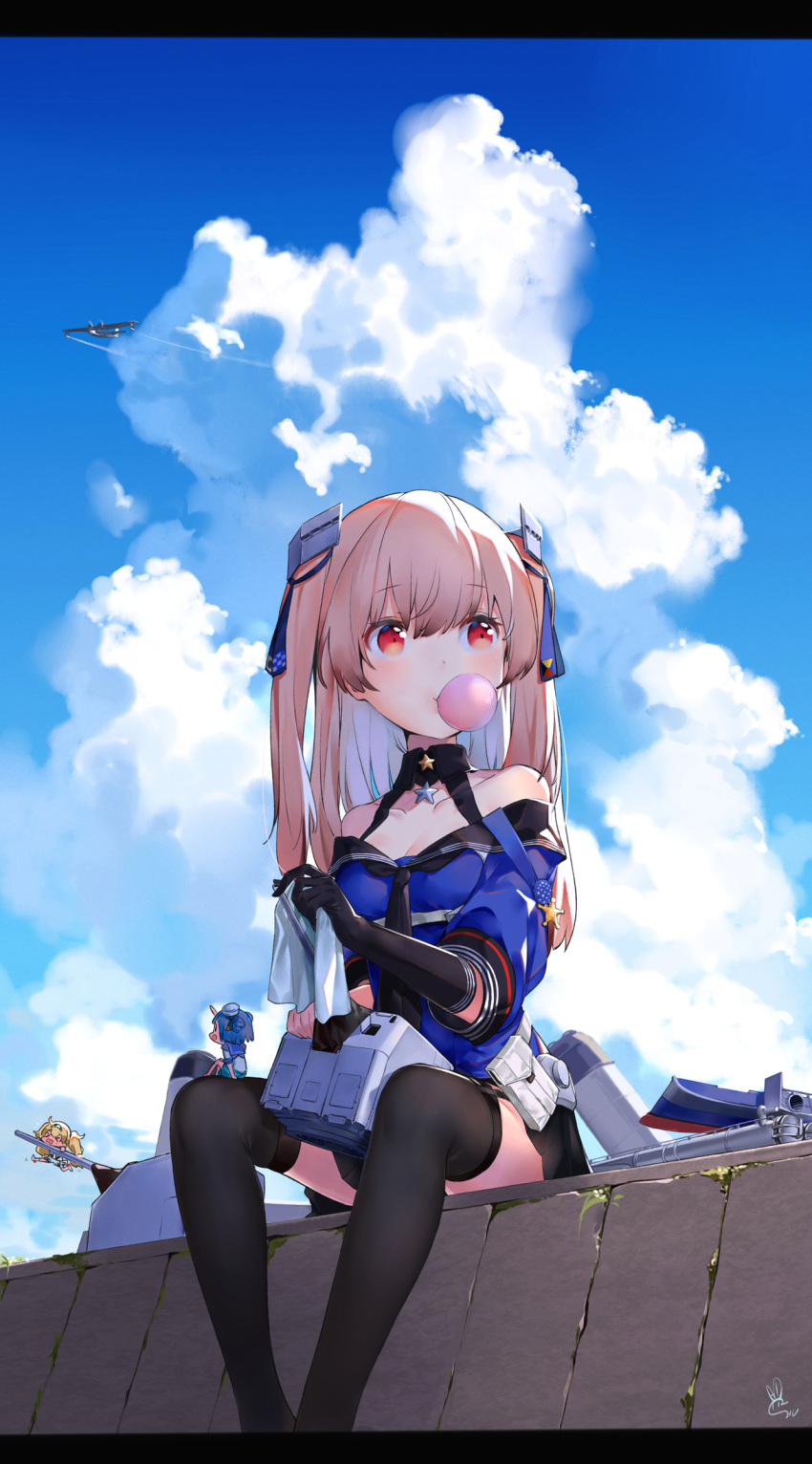 &gt;_&lt; 3girls :d black_gloves black_skirt blonde_hair blue_hair blue_sailor_collar blue_shirt blue_skirt blue_sky blush breasts brown_legwear bubble_blowing cannon chewing_gum chibi closed_eyes clouds cloudy_sky collarbone commentary_request day double_bun elbow_gloves feet_out_of_frame gambier_bay_(kantai_collection) gloves hair_ornament hat highres johnston_(kantai_collection) kantai_collection light_brown_hair long_hair medium_breasts mini_hat minigirl multiple_girls off-shoulder_shirt off_shoulder open_mouth outdoors pleated_skirt sailor_collar samuel_b._roberts_(kantai_collection) school_uniform serafuku shirt side_bun signature sitting skirt sky smile star thigh-highs tilted_headwear turret twintails two_side_up very_long_hair wavy_mouth white_hat white_shirt yamano_(yamanoh)