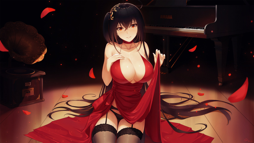 1girl ahoge alexiel_(pixiv6211566) azur_lane bare_shoulders black_hair black_legwear black_panties breast_suppress breasts choker cleavage collarbone commentary dress dress_lift evening_gown garter_belt hair_between_eyes hair_ornament hand_on_own_chest highres instrument large_breasts lifted_by_self long_dress long_hair looking_at_viewer on_floor one_side_up panties parted_lips petals phonograph piano red_dress red_eyes revision rose_petals side_slit signature sitting sleeveless sleeveless_dress smile solo spotlight taihou_(azur_lane) thigh-highs underwear very_long_hair