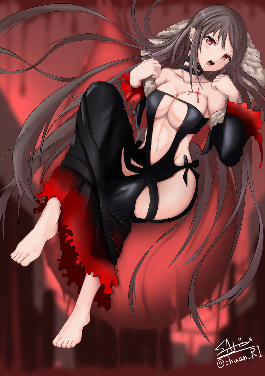 1girl absurdres bare_shoulders barefoot black_choker blood blood_from_mouth blood_on_chest blood_trail blush breasts brown_hair choker cleavage consort_yu_(fate) fangs fate/grand_order fate_(series) full_body groin highres ichikawayan long_hair looking_at_viewer medium_breasts multiple_piercings open_mouth red_eyes solo thighs very_long_hair wide_sleeves