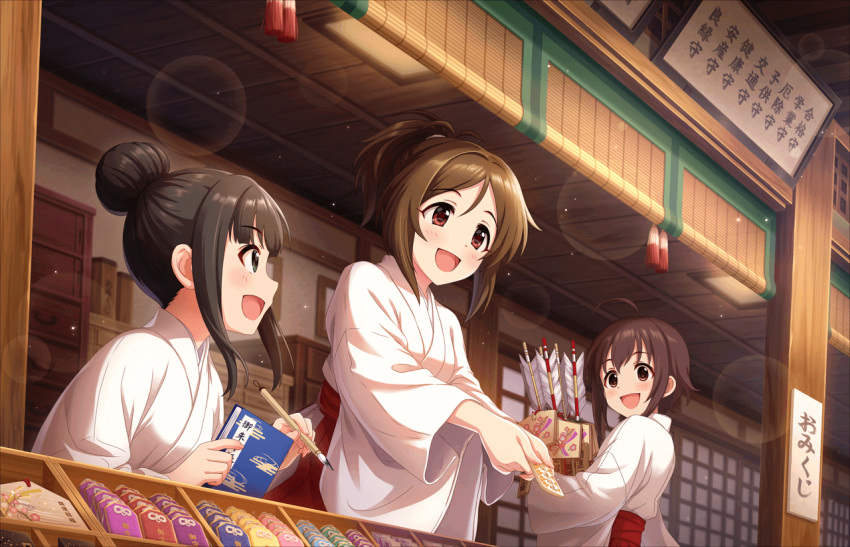 3girls :d ahoge alternate_costume amulet architecture arrow black_hair brown_eyes brush doumyouji_karin east_asian_architecture green_eyes hair_bun hakama hamaguchi_ayame hamaya idolmaster idolmaster_cinderella_girls idolmaster_cinderella_girls_starlight_stage japanese_clothes medium_hair miko multiple_girls official_art open_mouth ponytail red_hakama short_hair sidelocks smile wakiyama_tamami