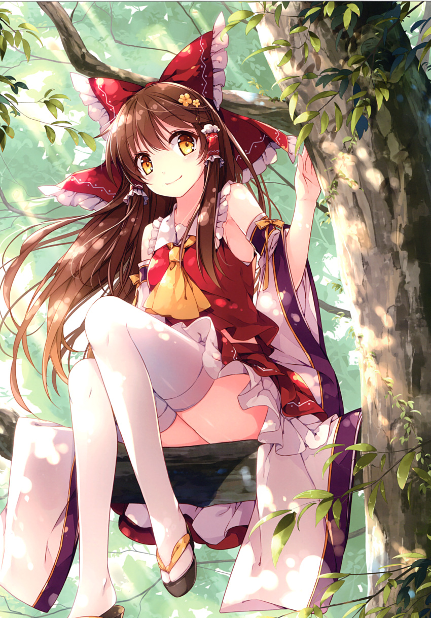 1girl absurdres arm_ribbon ascot bangs bare_shoulders black_footwear bow breasts brown_hair commentary_request detached_sleeves eyebrows_visible_through_hair feet_out_of_frame flower frilled_bow frilled_shirt_collar frills hair_between_eyes hair_bow hair_flower hair_ornament hair_tubes hakurei_reimu hand_up highres leaf light_rays long_hair long_sleeves looking_at_viewer miniskirt mochizuki_shiina nature orange_flower outdoors petticoat red_bow red_skirt ribbon sandals scan sidelocks sitting skirt small_breasts smile solo thigh-highs thighs touhou tree very_long_hair white_legwear wide_sleeves yellow_eyes yellow_neckwear yellow_ribbon zettai_ryouiki