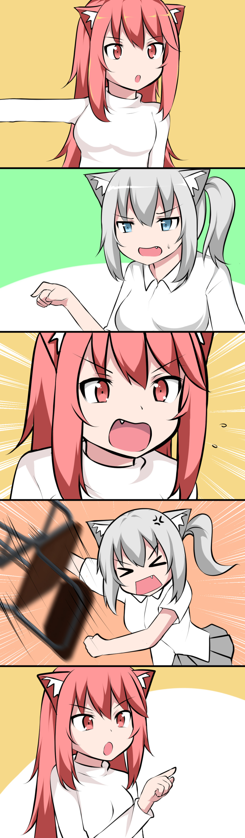 &gt;_&lt; 2girls 5koma absurdres american_chopper anger_vein angry animal_ears blue_eyes cat_ears catstudioinc_(punepuni) chair comic commentary emphasis_lines english_commentary english_text eyebrows_visible_through_hair facebook fang grey_hair highres long_hair mashiro_(miku_plus) meme multiple_girls original parody pink_eyes pink_hair ponytail puni_(miku_plus) throwing truth