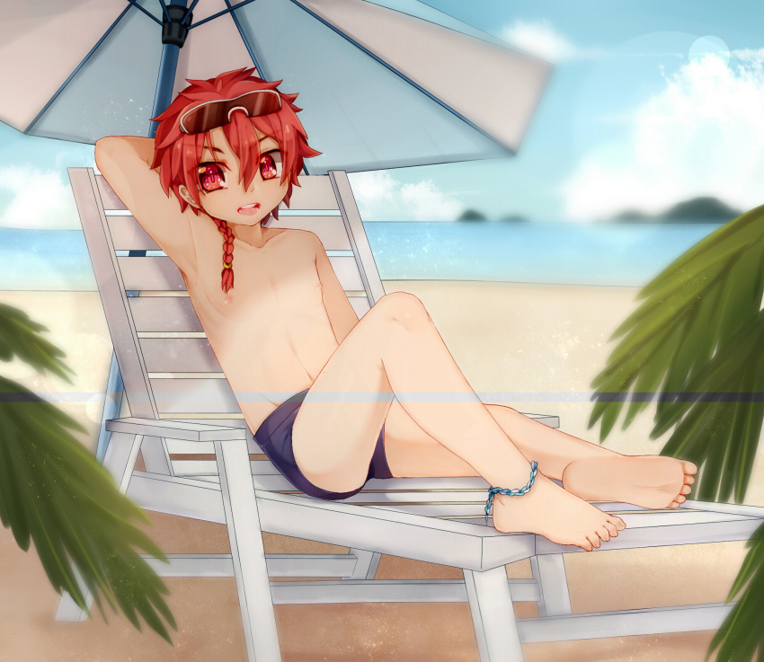 1boy alexander_(fate/grand_order) barefoot beach braid day eyewear_on_head eyuzi_i fate/grand_order fate_(series) feet full_body hair_between_eyes highres looking_at_viewer male_focus male_swimwear open_mouth outdoors red_eyes redhead shade single_braid smile solo swim_briefs swimwear