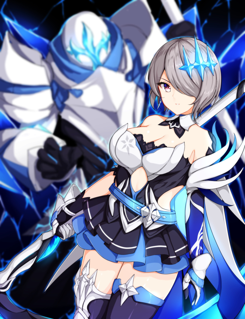 1girl absurdres armor armored_dress armored_gloves bangs bare_shoulders belt black_gloves blue_legwear blurry blurry_background boots breasts detached_collar elbow_gloves gloves grey_hair hair_ornament hair_over_one_eye highres holding holding_scythe honkai_(series) honkai_impact_3 looking_at_viewer rita_rossweisse scythe short_hair sidelocks smirk solo thigh-highs thigh_boots wsman