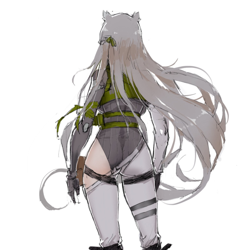 1girl animal_ears ass asymmetrical_clothes asymmetrical_pants bare_shoulders braid commentary_request facing_away girls_frontline gloves grey_hair grey_pants hair_blowing hair_ornament highres jacket ksvk_(girls_frontline) leg_strap leotard long_hair mechanical_arm pandea_work pants pouch ribbed_leotard solo thigh_gap very_long_hair white_background