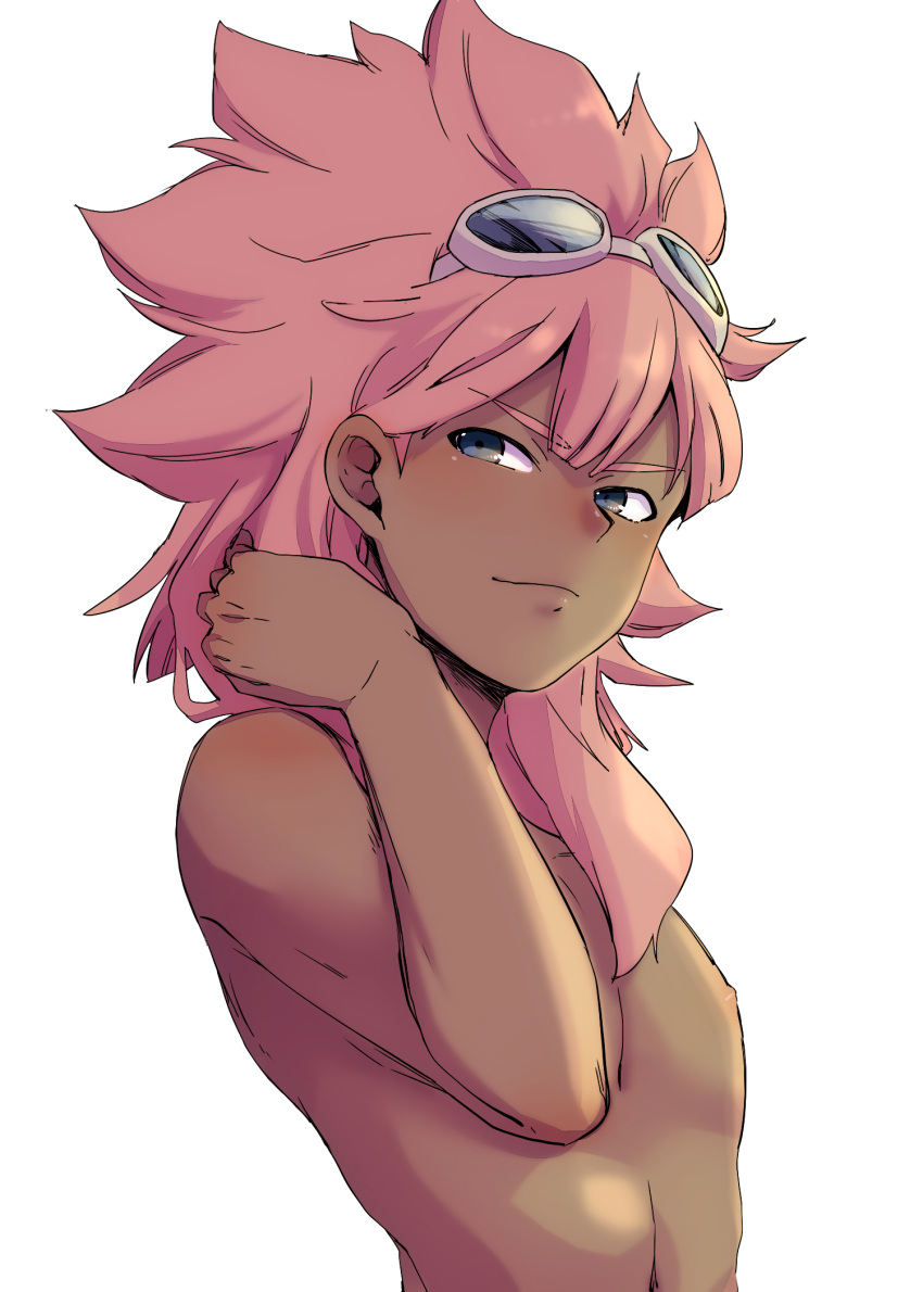 1boy blush brown_hair dark_skin dark_skinned_male goggles goggles_on_head grey_eyes highres inazuma_eleven inazuma_eleven_(series) long_hair male_focus multiple_boys pink_hair shiroabe shirtless smile solo tsunami_jousuke