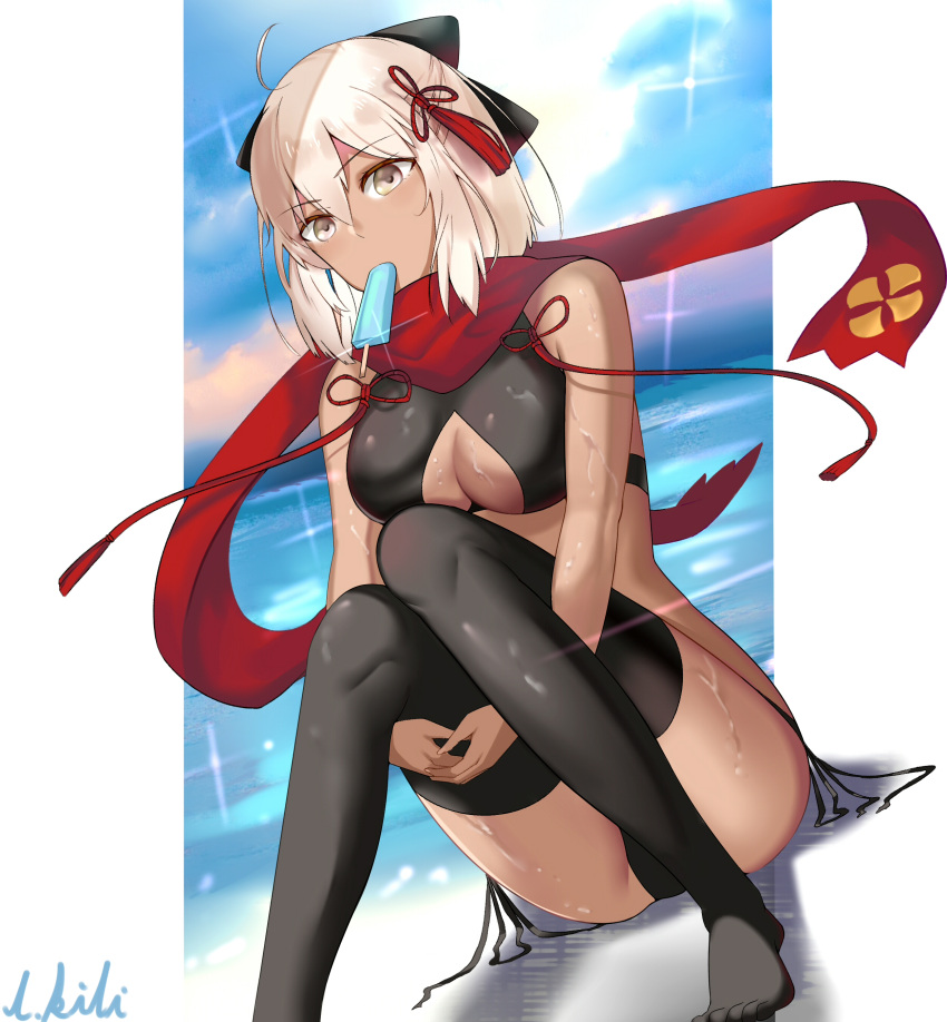 1girl absurdres ahoge artist_name bare_arms bikini black_bikini black_bikini_bottom black_bikini_top black_bow blonde_hair bow breasts cleavage clouds commentary_request cutout dark_skin fate/grand_order fate_(series) feet foot_out_of_frame hair_between_eyes hair_bow hair_ornament highres l.kili large_breasts looking_at_viewer no_shoes okita_souji_(alter)_(fate) okita_souji_(fate)_(all) red_scarf scarf short_hair signature sitting sky solo swimsuit thigh-highs water wet yellow_eyes