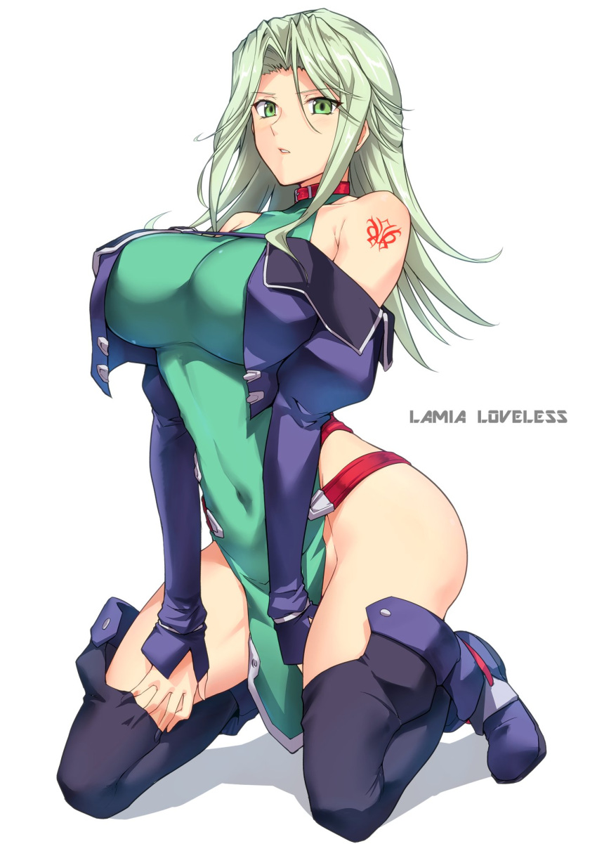 1girl bare_shoulders boots breasts character_name collar collarbone covered_navel cropped_jacket detached_sleeves eyebrows_visible_through_hair eyes_visible_through_hair full_body green_eyes green_hair hand_under_clothes harukon_(halcon) highres hips impossible_clothes jacket juliet_sleeves kneeling lamia_loveless large_breasts lips long_hair long_sleeves parted_lips puffy_sleeves shiny shiny_hair simple_background solo super_robot_wars super_robot_wars_original_generation tattoo thigh-highs thigh_boots white_background