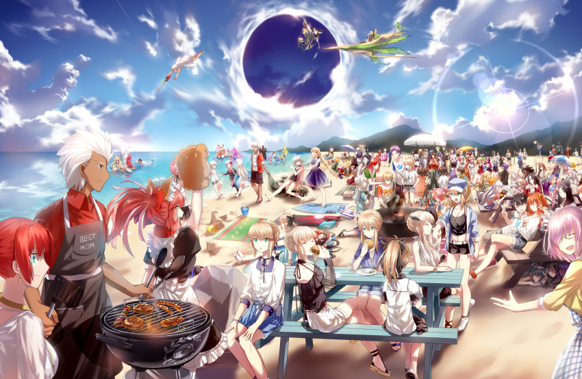 6+boys 6+girls absurdres ahoge alexander_(fate/grand_order) altera_(fate) alternate_costume amakusa_shirou_(fate) animal_ears anne_bonny_(fate/grand_order) anne_bonny_(swimsuit_archer)_(fate) apron arash_(fate) archer arjuna_(fate/grand_order) artemis_(fate/grand_order) artoria_pendragon_(all) artoria_pendragon_(lancer) artoria_pendragon_(lancer_alter) assassin assassin_(fate/stay_night) assassin_(fate/zero) asterios_(fate/grand_order) astolfo_(fate) atalanta_(fate) barbecue beach bedivere beowulf_(fate/grand_order) berserker berserker_(fate/zero) bikini billy_the_kid_(fate/grand_order) black_dress black_gloves black_sclera blanket blonde_hair blue_eyes blue_sky boudica_(fate/grand_order) bow braid breasts brynhildr_(fate) bucket caligula_(fate/grand_order) carmilla_(fate/grand_order) caster caster_(fate/zero) caster_lily character_request charles_babbage_(fate/grand_order) charles_henri_sanson_(fate/grand_order) chevalier_d'eon_(fate/grand_order) chloe_von_einzbern cleopatra_(fate/grand_order) clouds cloudy_sky covering_ears cross cu_chulainn_(fate/grand_order) cu_chulainn_(fate/prototype) cu_chulainn_alter_(fate/grand_order) darius_iii_(fate/grand_order) dark_skin dark_skinned_male david_(fate/grand_order) dragging dress edmond_dantes_(fate/grand_order) edward_teach_(fate/grand_order) elizabeth_bathory_(fate) elizabeth_bathory_(fate)_(all) emiya_kiritsugu emiya_kiritsugu_(assassin) enkidu_(fate/strange_fake) euryale fate/grand_order fate_(series) female_assassin_(fate/zero) fergus_mac_roich_(fate/grand_order) fionn_mac_cumhaill_(fate/grand_order) first_aid_kit flag florence_nightingale_(fate/grand_order) food fou_(fate/grand_order) fox_ears fox_tail francis_drake_(fate) frankenstein's_monster_(fate) fujimaru_ritsuka_(female) fujimaru_ritsuka_(male) fujimura_taiga fuuma_kotarou_(fate/grand_order) gawain_(fate/extra) geronimo_(fate/grand_order) gilgamesh gilgamesh_(caster)_(fate) gilles_de_rais_(fate/grand_order) glasses gloves gorgon gorgon_(fate) green-hat green_eyes green_hat grill grilling hair_between_eyes hair_bun hair_ornament hair_over_one_eye hair_ribbon hair_scrunchie hamburger hans_christian_andersen_(fate) hassan_of_serenity_(fate) hat hector_(fate/grand_order) helena_blavatsky_(fate/grand_order) hiding highres horns ibaraki_douji_(fate/grand_order) illyasviel_von_einzbern innertube irisviel_von_einzbern irisviel_von_einzbern_(caster) ishtar_(fate/grand_order) jack_the_ripper_(fate/apocrypha) jaguarman_(fate/grand_order) jeanne_d'arc_(alter)_(fate) jeanne_d'arc_(fate) jeanne_d'arc_(fate)_(all) jeanne_d'arc_alter_santa_lily jekyll_and_hyde_(fate) jewelry jing_ke_(fate/grand_order) julius_caesar_(fate/grand_order) karna_(fate) king_hassan_(fate/grand_order) kiyohime kiyohime_(fate/grand_order) lancelot_(fate/grand_order) lancer lancer_(fate/zero) leonardo_da_vinci_(fate/grand_order) leonidas_(fate/grand_order) li_shuwen_(fate/grand_order) lion long_hair long_sleeves lord_el-melloi_ii lu_bu_(fate) magical_ruby maid_dress maid_headdress marie_antoinette_(fate/grand_order) mary_read_(fate/grand_order) mary_read_(swimsuit_archer)_(fate) mash_kyrielight mata_hari_(fate/grand_order) meat medb_(fate)_(all) medb_(fate/grand_order) medusa_(lancer)_(fate) mephistopheles_(fate/grand_order) merlin_(fate) minamoto_no_raikou_(fate/grand_order) miyamoto_musashi_(fate/grand_order) mordred_(fate) mordred_(fate)_(all) multiple_boys multiple_girls multiple_persona musashibo_benkei_(fate/grand_order) mysterious_heroine_x necklace nero_claudius_(bride)_(fate) nero_claudius_(fate) nero_claudius_(fate)_(all) net nikola_tesla_(fate/grand_order) nitocris_(fate/grand_order) nursery_rhyme_(fate/extra) ocean oda_nobunaga_(fate) okita_souji_(fate) okita_souji_(fate)_(all) oni oni_horns open_mouth orange_eyes orange_hair orion_(fate/grand_order) outdoors ozymandias_(fate) paracelsus_(fate) paw_gloves paws phantom_of_the_opera_(fate/grand_order) pink_hair pirate_hat plate pointing ponytail prisma_illya purple_hair quetzalcoatl_(fate/grand_order) raft rama_(fate/grand_order) red_ribbon redhead ribbon rider rider_(fate/zero) robin_hood_(fate) romani_archaman romulus_(fate/grand_order) ryougi_shiki saber saber_alter saber_lily saint_george_(fate/grand_order) saint_martha sakata_kintoki_(fate/grand_order) sand_castle sand_sculpture sandals santa_alter scathach_(fate)_(all) scathach_(fate/grand_order) scheherazade_(fate/grand_order) scrunchie shore short_hair shorts shuten_douji_(fate/grand_order) side_ponytail siegfried_(fate) silver_hair sitting sky smile spartacus_(fate) stheno sunglasses sweatdrop swimming swimsuit table tail tamamo_(fate)_(all) tamamo_cat_(fate) tamamo_no_mae_(fate) tawara_touta_(fate/grand_order) thomas_edison_(fate/grand_order) too_many towel trench_coat tristan_(fate/grand_order) true_assassin twin_braids twintails user_hwvm7837 ushiwakamaru_(fate/grand_order) v very_long_hair violet_eyes vlad_iii_(fate/apocrypha) volleyball volleyball_net water waver_velvet waving white_hair william_shakespeare_(fate) wolfgang_amadeus_mozart_(fate/grand_order) xuanzang_(fate/grand_order) yellow_eyes