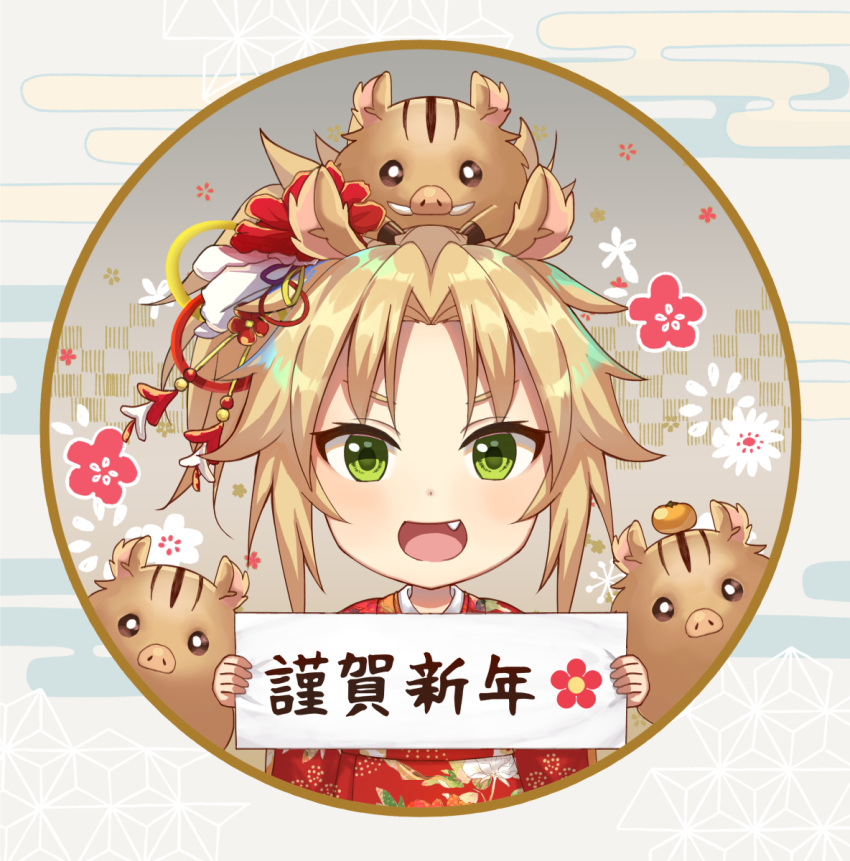 1girl :d animal animal_ears animal_on_head bangs blonde_hair blush boar chinese_zodiac commentary_request egasumi fang fate/apocrypha fate_(series) floral_print flower green_eyes hair_flower hair_ornament highres holding holding_sign japanese_clothes kemonomimi_mode kimono kurono_kito looking_at_viewer mordred_(fate) mordred_(fate)_(all) on_head one_side_up open_mouth parted_bangs partially_translated pig_ears print_kimono red_flower red_kimono revision sidelocks sign smile solo translation_request v-shaped_eyebrows white_flower year_of_the_pig