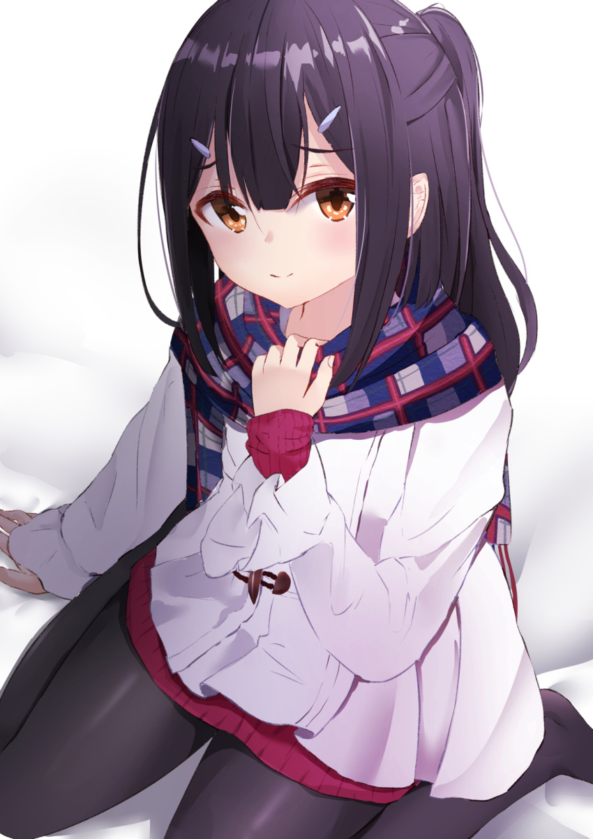1girl bangs black_legwear blue_scarf brown_eyes brown_hair closed_mouth collarbone commentary_request duffel_coat eyebrows_visible_through_hair fate/kaleid_liner_prisma_illya fate_(series) fingernails fringe_trim hair_ornament hairclip highres hikashou long_hair long_sleeves looking_at_viewer miyu_edelfelt no_shoes pantyhose plaid plaid_scarf ponytail red_sweater revision scarf sitting sleeves_past_wrists smile solo sweater wariza white_coat