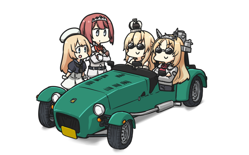 4girls ark_royal_(kantai_collection) bangs black_neckwear blonde_hair blue_eyes blue_sailor_collar blunt_bangs bob_cut braid car caterham caterham_7 cleavage_cutout commentary_request crossed_arms crown dress flower french_braid full_body gloves grey_eyes ground_vehicle hairband hamu_koutarou hat headgear highres jervis_(kantai_collection) kantai_collection long_hair long_sleeves military military_uniform mini_crown motor_vehicle multiple_girls neckerchief nelson_(kantai_collection) off-shoulder_dress off_shoulder red_flower red_ribbon red_rose redhead ribbon riding rose sailor_collar sailor_dress sailor_hat short_hair short_sleeves simple_background sunglasses tiara uniform warspite_(kantai_collection) white_background white_dress white_gloves white_hat