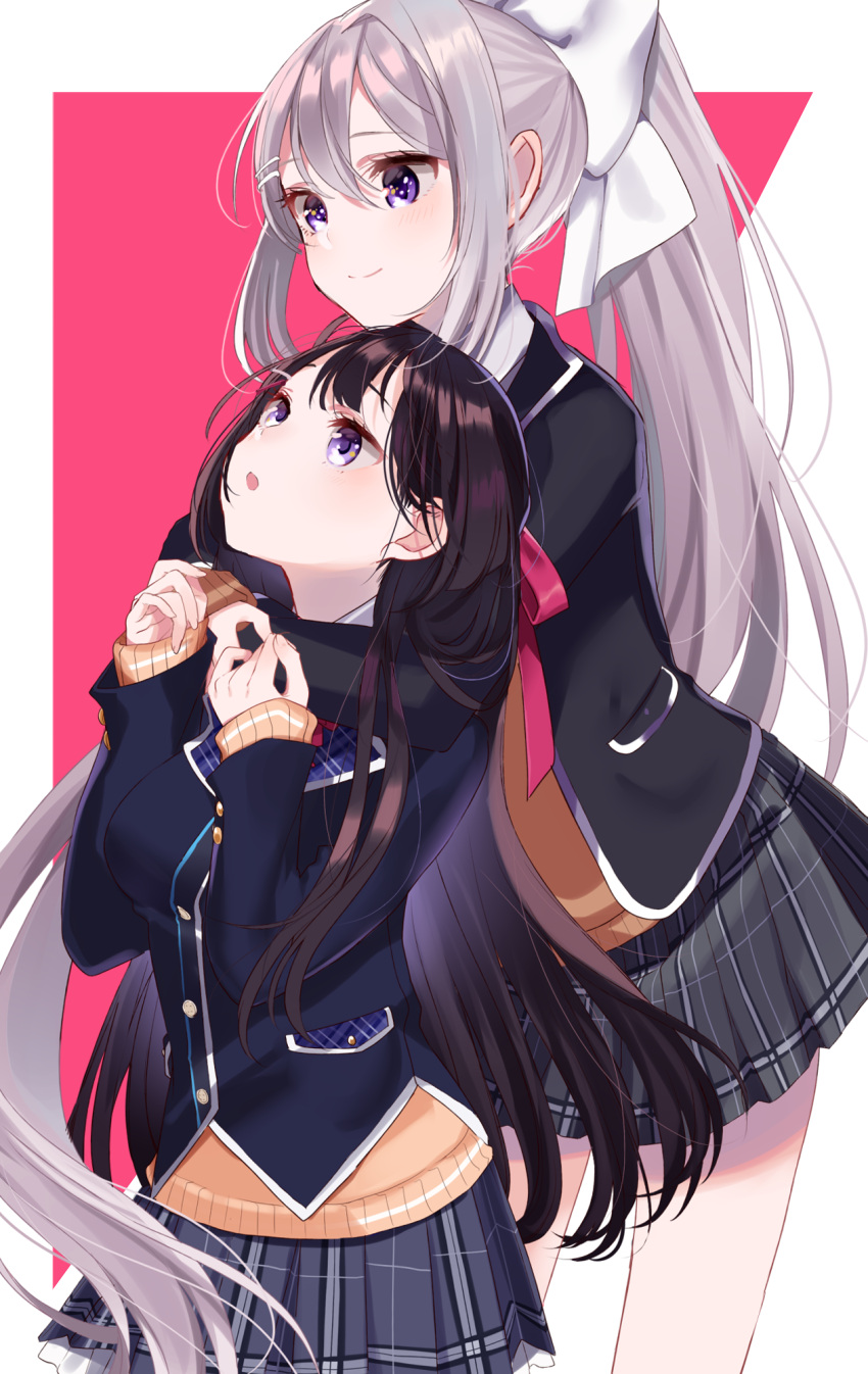 2girls :o bangs black_jacket blazer blush bow brown_hair brown_sweater closed_mouth commentary_request eyebrows_visible_through_hair grey_skirt hair_between_eyes hair_bow hair_ornament hairclip hands_up highres higuchi_kaede jacket long_hair long_sleeves misumi_(macaroni) multicolored_hair multiple_girls nijisanji open_blazer open_clothes open_jacket parted_lips pink_background plaid plaid_skirt pleated_skirt ponytail revision sidelocks silver_hair skirt sleeves_past_wrists smile sweater tsukino_mito two-tone_hair very_long_hair violet_eyes virtual_youtuber white_background white_bow