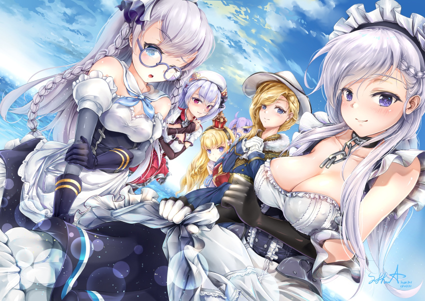 6+girls ;o ahoge ajax_(azur_lane) apron apron_hold azur_lane bangs bare_shoulders belfast_(azur_lane) beret black_collar black_dress black_gloves black_hairband black_ribbon blonde_hair blue_dress blue_eyes blue_sky blush braid breasts broken broken_chain chain chains cleavage closed_mouth clouds collar collarbone commentary_request crown dated day detached_sleeves dress edinburgh_(azur_lane) elbow_gloves eyebrows_visible_through_hair glasses gloves hair_between_eyes hair_ribbon hairband hat heart highres hood_(azur_lane) horizon hue301 large_breasts long_hair long_sleeves looking_at_viewer maid maid_headdress medium_breasts metal_collar mini_crown multiple_girls ocean one_eye_closed outdoors own_hands_together parted_lips puffy_short_sleeves puffy_sleeves purple-framed_eyewear purple_hair queen_elizabeth_(azur_lane) red_skirt remodel_(azur_lane) revision ribbon round_eyewear shirt short_sleeves signature silver_hair skirt sky sleeves_past_wrists smile strapless strapless_dress striped striped_hairband stuffed_animal stuffed_toy stuffed_unicorn twin_braids unicorn_(azur_lane) upper_body v-shaped_eyebrows very_long_hair violet_eyes waist_apron water white_apron white_gloves white_hair white_ribbon white_shirt