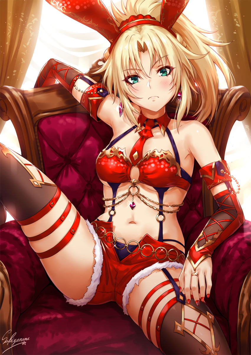 1girl animal_ears arm_rest bandeau bangs blonde_hair breasts bridal_gauntlets chains chair collarbone detached_collar detached_sleeves earrings eyebrows_visible_through_hair fake_animal_ears fate/grand_order fate_(series) garter_straps gold gold_trim green_eyes hair_ornament highres jewelry knee_up long_hair looking_at_viewer medium_breasts mordred_(fate)_(all) nail_polish navel necktie o-ring o-ring_top open_fly parted_bangs ponytail rabbit_ears red_legwear red_nails red_neckwear red_shorts ruby_(gemstone) sakiyamama short_shorts shorts sidelocks signature skindentation sleeve_cuffs solo spread_legs stomach thigh-highs thigh_strap