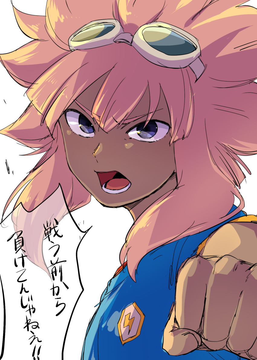 1boy blush dark_skin dark_skinned_male goggles goggles_on_head highres inazuma_eleven inazuma_eleven_(series) long_hair looking_at_viewer male_focus open_mouth pink_hair shiroabe soccer_uniform solo sportswear tsunami_jousuke violet_eyes