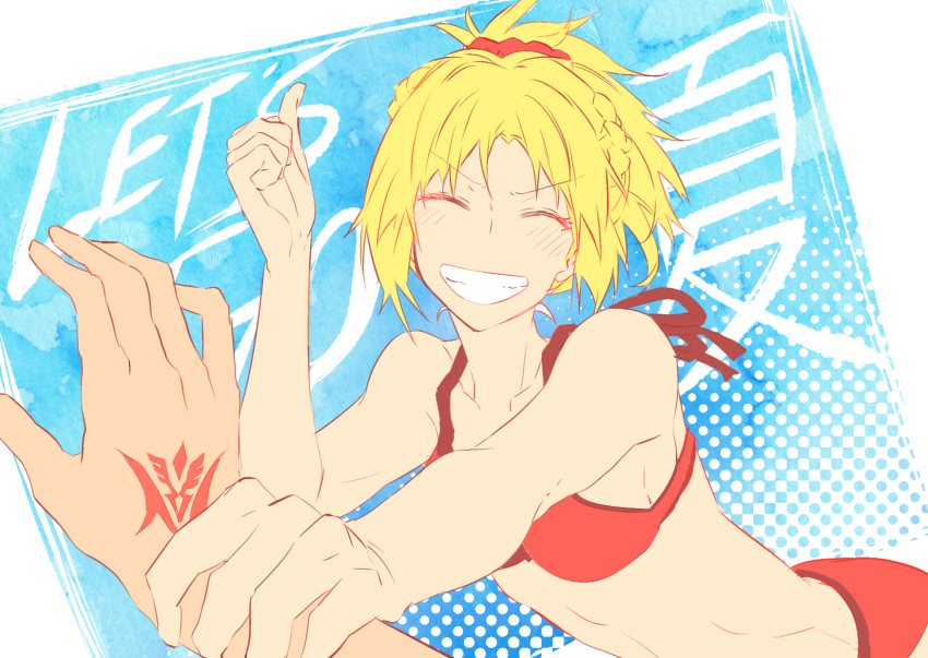 bikini blonde_hair closed_eyes command_spell english_text fare fate_(series) highres mordred_(fate)_(all) mordred_(swimsuit_rider)_(fate) polka_dot polka_dot_background red_bikini smile swimsuit white_background wrist_grab
