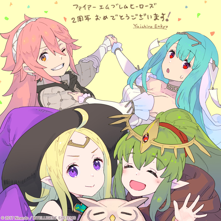 4girls :d ^_^ ahoge bangs bare_shoulders bird blue_hair blush breasts brown_eyes cape chiki choker closed_eyes closed_eyes detached_sleeves dress feh_(fire_emblem_heroes) fire_emblem fire_emblem:_ankoku_ryuu_to_hikari_no_tsurugi fire_emblem_heroes gloves green_hair grin hair_ornament hairband hat highres long_hair long_sleeves looking_at_viewer mamkute medium_breasts multiple_girls nagisa_kurousagi ninian nintendo nowi_(fire_emblem) official_art one_eye_closed open_mouth owl parted_bangs pink_hair pointy_ears ponytail purple_hat red_eyes smile soleil_(fire_emblem_if) tiara translation_request veil violet_eyes wedding_dress white_gloves white_hairband witch_hat