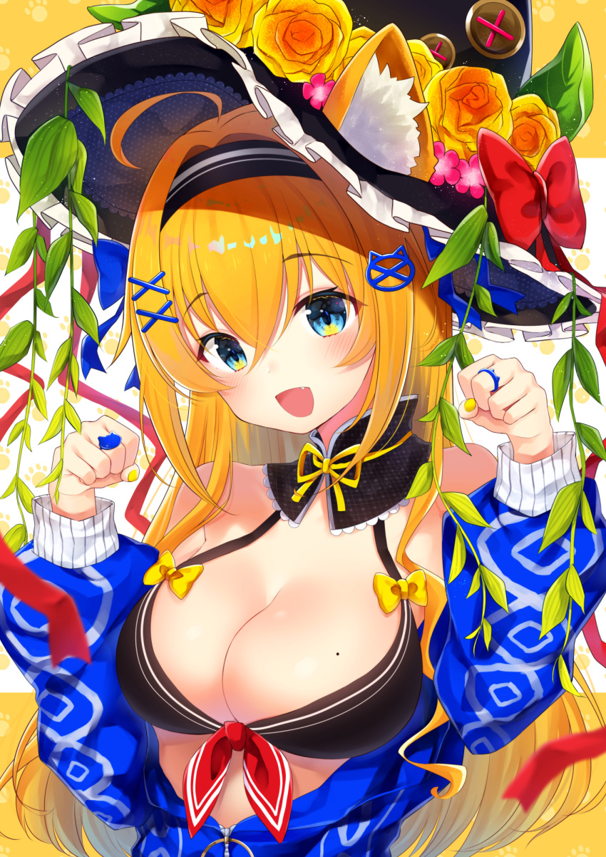 1girl :d ahoge animal_ear_fluff animal_ears bare_shoulders black_hairband black_hat blue_eyes blue_jacket blush bow breasts cat_ears cat_hair_ornament cleavage commentary_request fang fingernails flower frilled_hat frills gyozanuko hair_ornament hairband hands_up hat hat_flower head_tilt highres jacket jewelry long_hair long_sleeves looking_at_viewer medium_breasts mole mole_on_breast nail_polish open_clothes open_jacket open_mouth orange_flower orange_hair orange_rose original paw_pose puffy_long_sleeves puffy_sleeves ring rose sidelocks smile solo x_hair_ornament yellow_bow yellow_nails